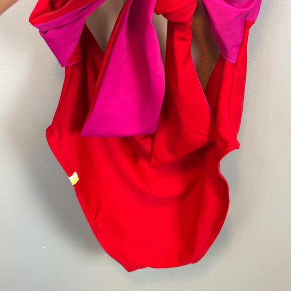 SummerSalt Color Block Lava Hibiscus Swimsuit Barbie High Neck Tie Pink Red 6 - Picture 5 of 8